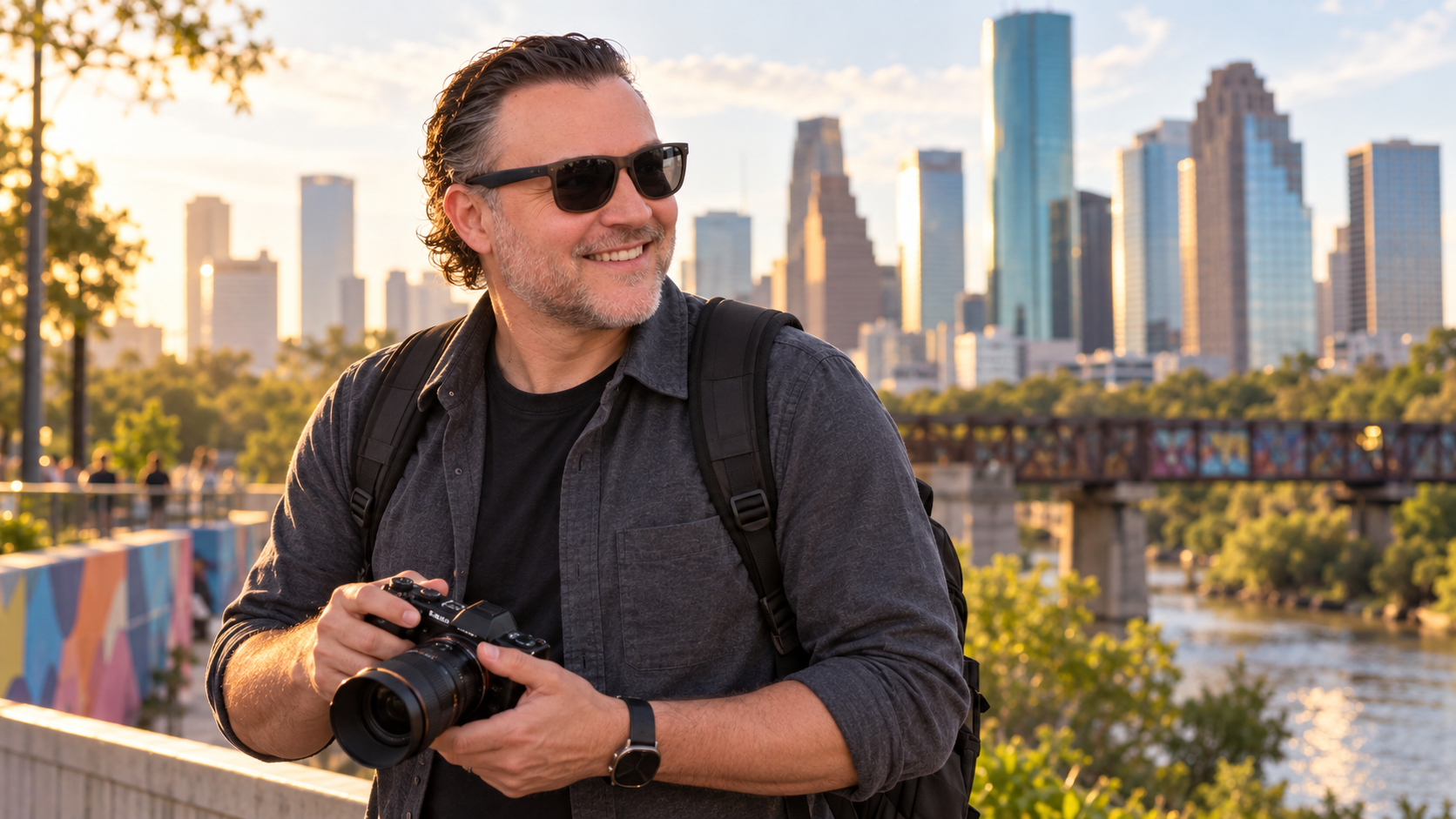 Melvin Maya photographing a city at golden hour, representing the real-world content creation behind many of his projects
