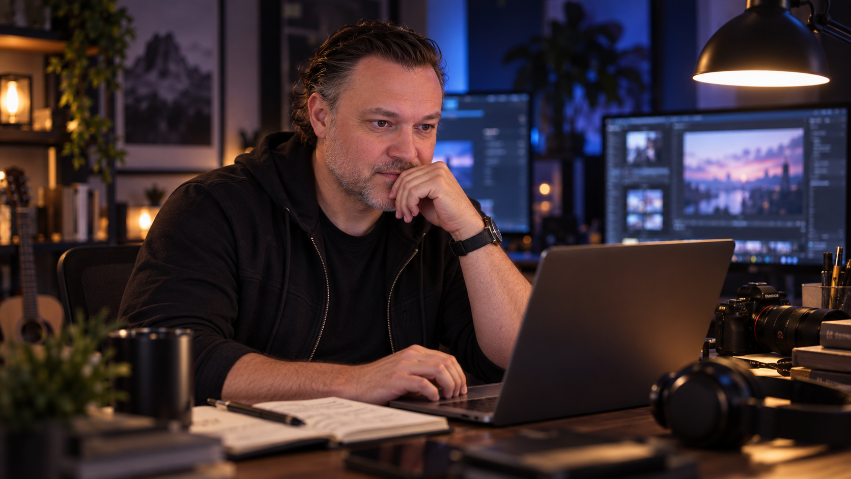 Melvin Maya working late in a creative studio with multiple screens, camera gear and notes while several projects move forward at once